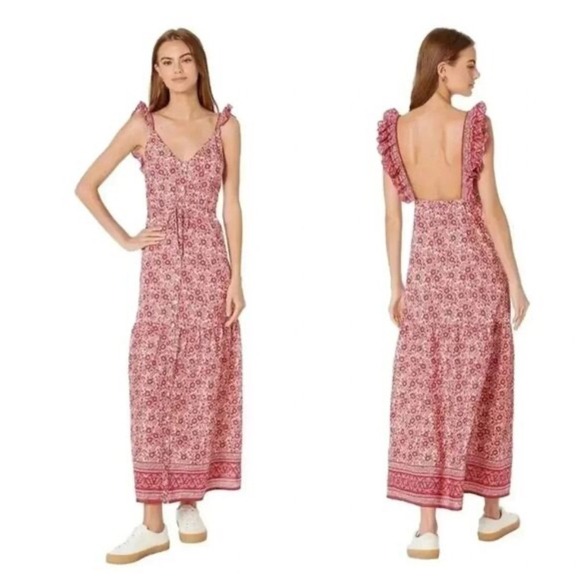 Faherty Dresses & Skirts - Faherty Hyland Maxi Dress Sun Up Block Print Pink Red Elevated Boho Size M